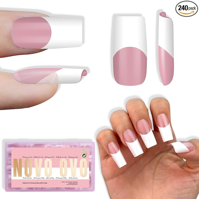 NOVO OVO Old School Retro French Tip Nails Wide White Press on, Medium Length Tapered Square BERRY PINK, Extra Thick Soft Gel Fake Acrylic Extension, Need Builder Gel, Top Coat, Glue 15 Sizes 240 pcs