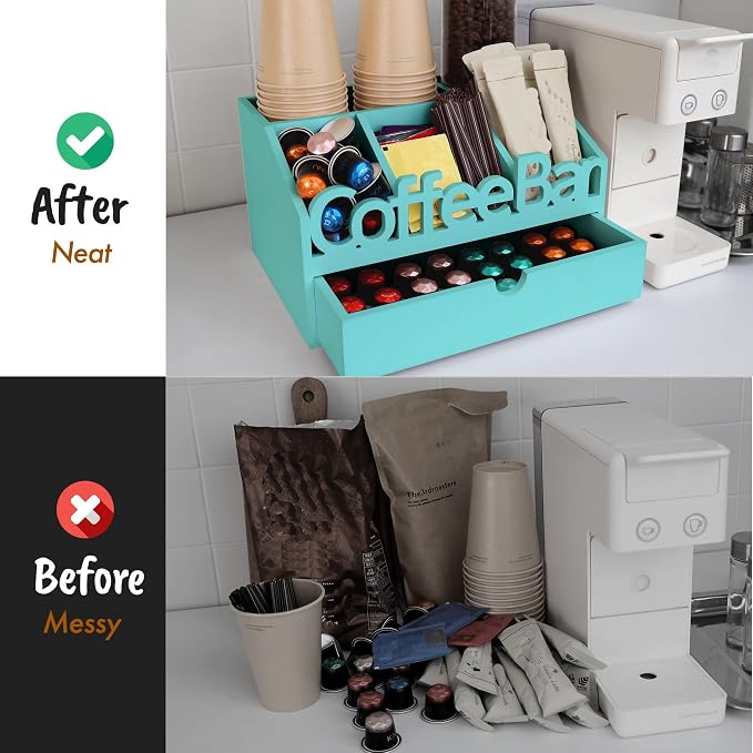 Coffee Bar Organizer Countertop, Wood Coffee Station, Drawer, Turquoise | K-Cups, Tea Bags, Sugar Packets & Creamers