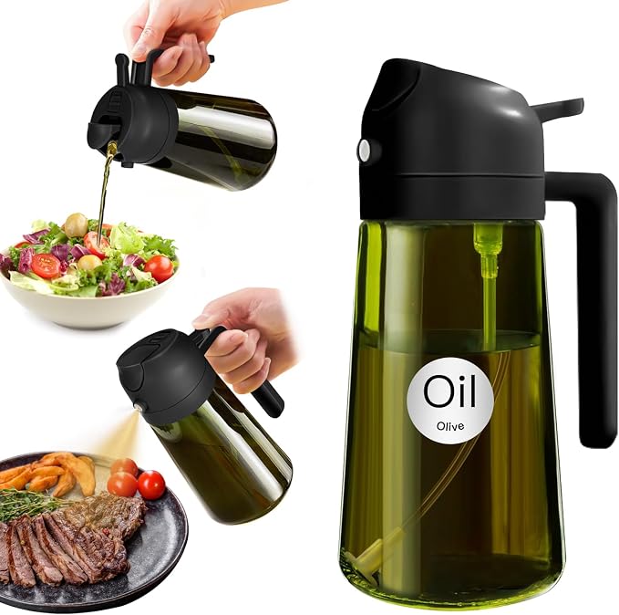 YARRAMATE 16 oz Dark Glass Olive Oil Sprayer & Dispenser, 2-in-1, Black | Light-blocking dark green glass, food-grade spray and pour bottle for cooking, air fryer, salad and BBQ