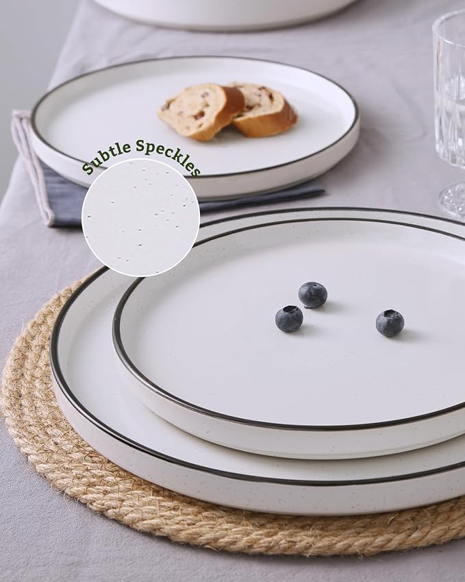 Famiware Nebula 18-Piece Dinnerware Set, White with Black Rim | Stoneware Dish Set for 6, Plates and Bowls, Microwave and Dishwasher Safe, Chip and Scratch Resistant