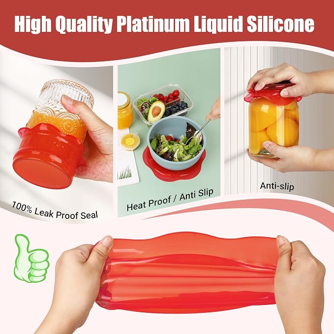 Silicone Stretch Lids for Food Storage in Fridge, Reusable Elastic Bowl Covers for Cup, Cans, Jars, Round & Rectangle Container, Food Grade Silicone Microwave Food Cover, Red, 6PCS