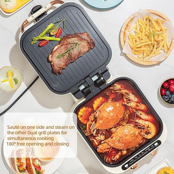 AORAN 7-in-1 Electric Griddle with Non-Stick Coating, Smokeless Grill for Frying, Baking, Boiling, Hot Pot, Steaming, Dual Zone Temperature Control, Foldable for Storage