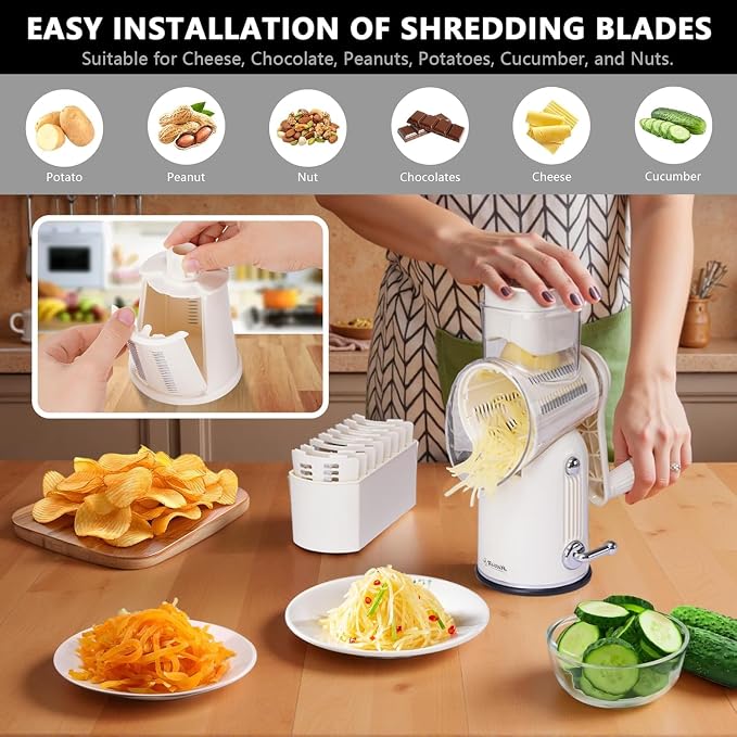 Rotary Cheese Grater with Handle, 5-Blade Cheese Shredder, BPA-Free (White) | Cheese Grater Hand Crank Slices, Shreds & Grates – Features Strong Suction Base, Stainless-Steel Blades & Easy Clean-Up