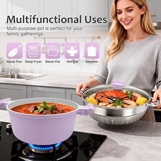 AIKENBBKK 7-Quart Steamer Pot for Cooking, Ceramic Nonstick Stock Pot with Lid, Pasta Pot for All Stoves Including Induction, Lightweight & Durable, Stay-Cool Handle, Purple