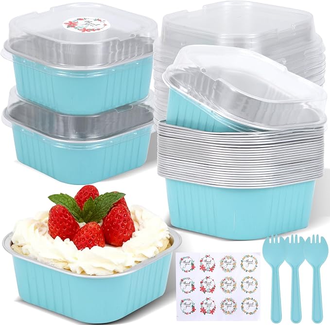 100 Pack 10oz Mini Cake Pans With Lids, Aluminum Foil Square Brownie Baking Cups,Disposable 4”x4” Large Cupcake Pan,Jumbo Muffin Tin Ramekins Holders (Light Blue)