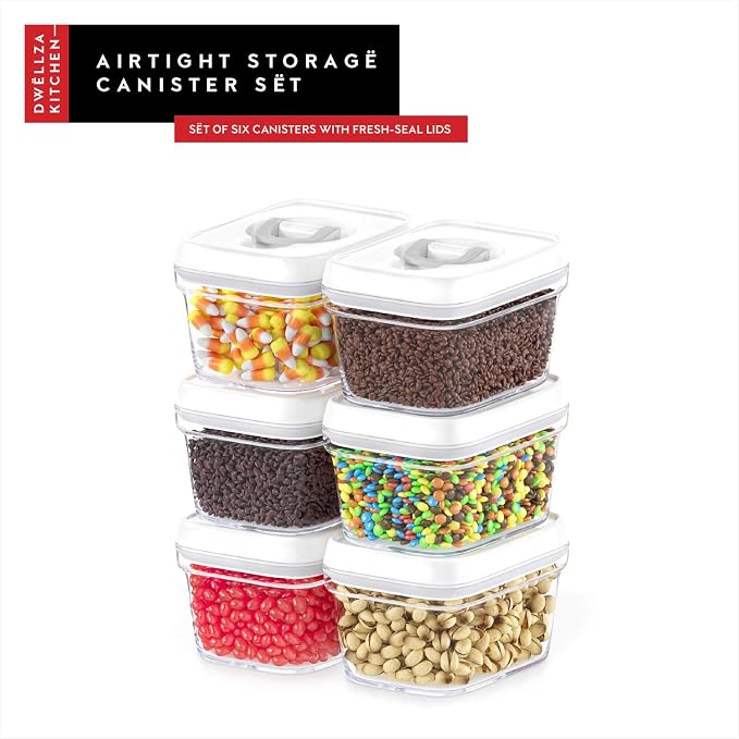 DWËLLZA KITCHEN Airtight Food Storage Containers with White Lids – 0.4L 6 Pc Clear Plastic Kitchen canisters Pantry Organization for Spices, Candy, Nuts, BPA-Free, Keeps Food Fresh & Dry
