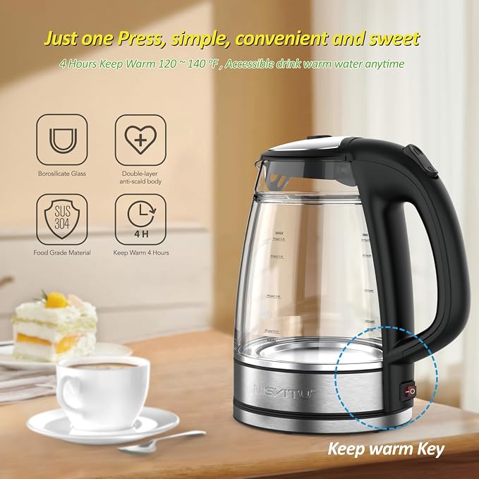 NISVITU 1.7L Dual Wall Cool Touch BPA-Free Electric Kettle, Black | Glass Inner+PC Outer, 1500W Fast Boil Cordless Hot Water Boiler Electric Tea Kettle, Auto Shut-Off+Keep Warm