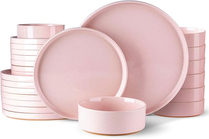 AmorArc Stoneware Dinnerware Sets for 8,24 Pcs Plates and Bowls Set | Handmade Ceramic Dish Set,Dishwasher & Microwave Safe,Scratch Resistant-Pink