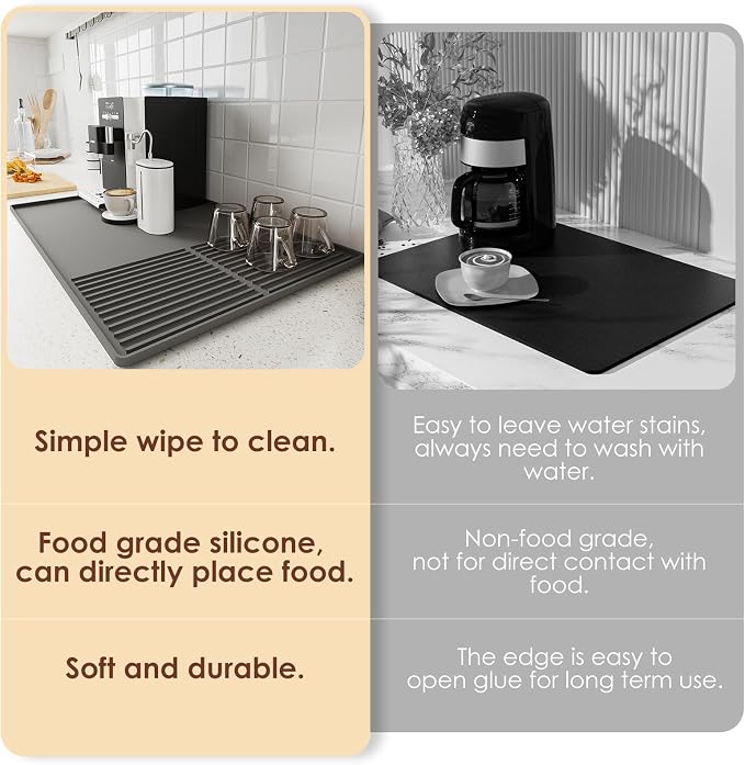 WUDIALIEN Silicone Coffee Mat with Raised Edges, 24'' x 16'' Bar Mat for Countertops, Fits Under Coffee Maker, Espresso Machine, Dish Drying Mat, Gray