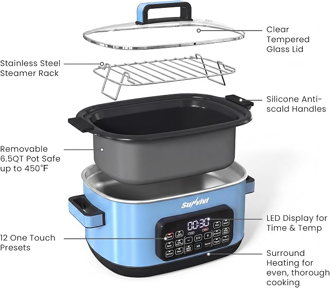Sunvivi 12-in-1 Programmable Slow Cooker 6.5QT with Timer & Keep Warm | Multicooker with Timer & Temp Control, Dishwasher Safe Lid & Removable Nonstick Crock, Stainless Steel Rack, Blue