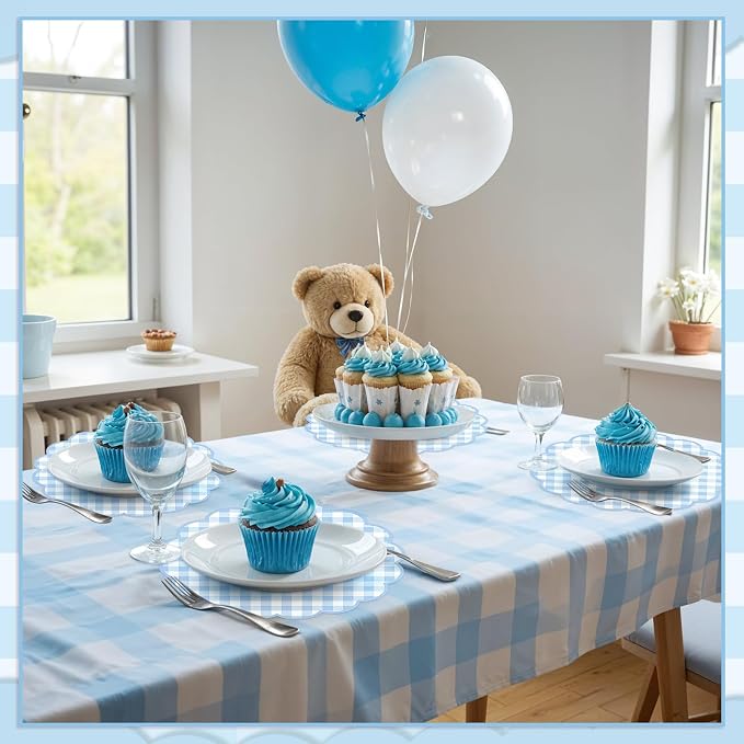 60 Pcs Blue Gingham Paper Placemats, Scalloped Blue Checkered Place Mat | 13.5 Inch Disposable Table Placemats Decorative Paper for Table Setting Baby Shower Wedding Bridal Banquet Tea Party