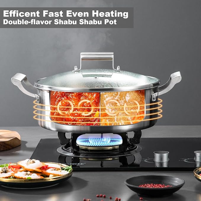 DELARLO 6.8QT Tri-Ply Stainless Steel Double-flavor Shabu Shabu Pot 12 inch | Everyday Pan with Lid, Kitchen Induction,Cooking Hot Pot, Oven Safe Stock Pot, Up to 600℉