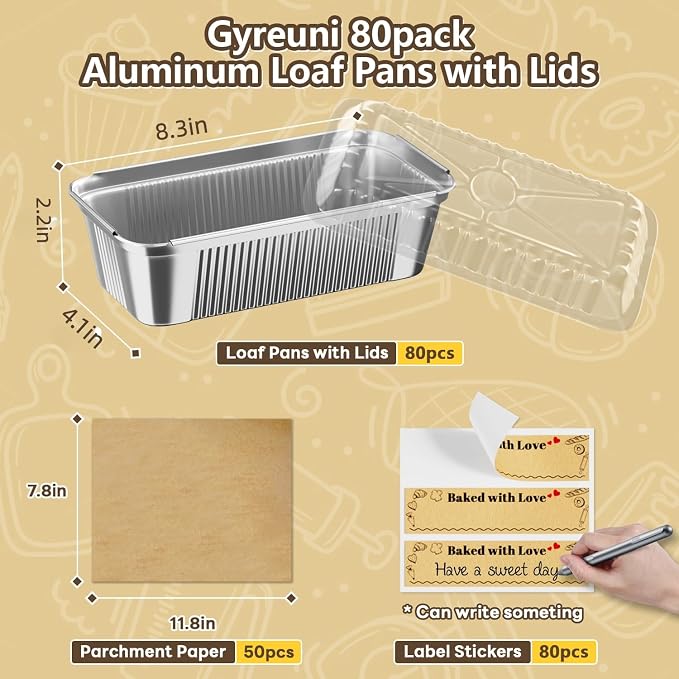 Gyreuni 80 Pack Disposable Aluminum Loaf Pans with Lids, 8.3 x 4.1 Inch | Ideal for baking bread, banana bread, meatloaf, pound cake, brownies and other homemade treats.