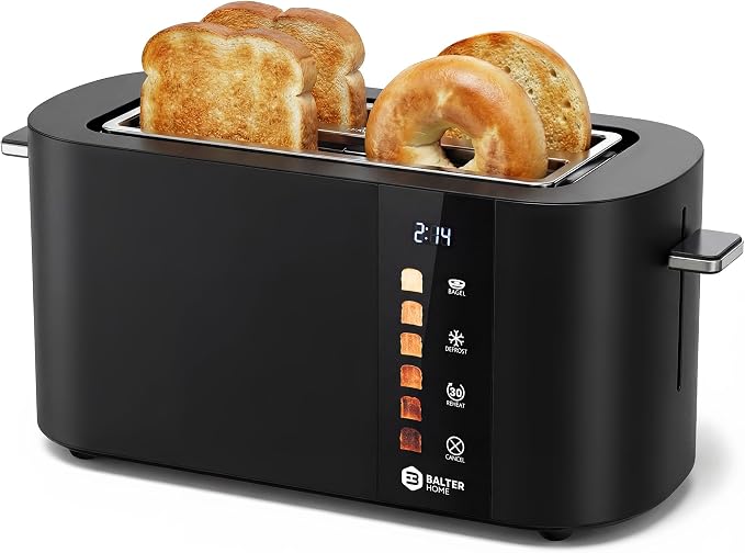 Balter Toaster 4 Slice Wide Slot, Bagel Function, Long Slot, Stainless Steel, Touch Screen, Built-in Rack, Extra-Wide 1.5" Slots for Thick Breads & Bagel, Timer, BPA-Free, Removable Tray, Black