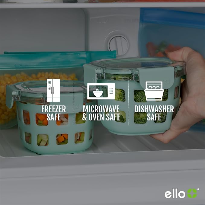 Ello Duraglass 2 Cup Glass Storage Containers with Lids, 4 Pack, Melon | Glass meal prep set with silicone sleeves, leakproof BPA-free lids, microwave and oven safe, freezer and dishwasher safe