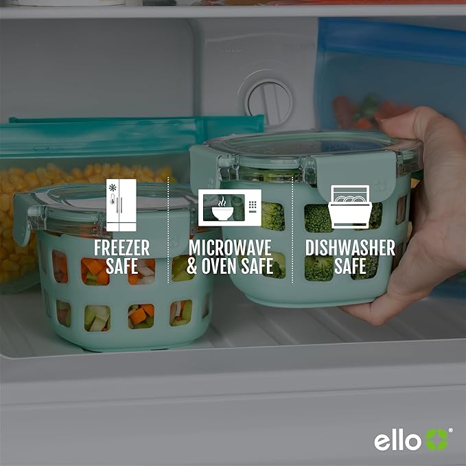 Ello DuraGlass Rounds Glass Food Storage Containers - Meal Prep Bowls with Silicone Sleeve and Airtight Lids, 2 Cup, Yucca (Pack of 6)