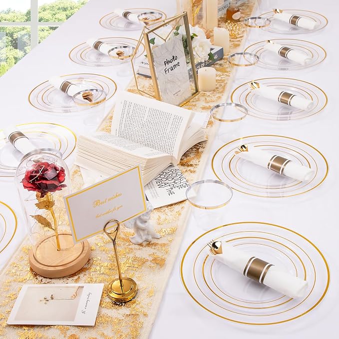 DaYammi 350PCS Clear Gold Plastic Dinnerware Set for 50 Guests Gold Plates Disposable Include: 50 Dinner Plates, 50 Dessert Plates,50 Pre Rolled Napkins with Gold Silverware,50 Cups for Party Wedding