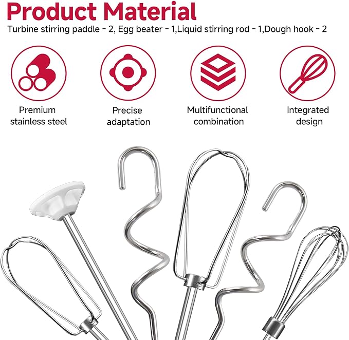 Hand Mixer Attachments Beater for Kitchenaid Hand Mixers KHM3 KHM5 KHM7 KHM9, Including Whisk, Mixing Rod and Dough Hook, Stainless Steel Hand Mixer Accessories (Set of 6)