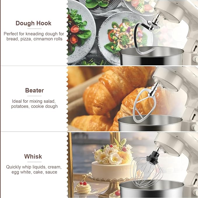 10 Speeds Stand Mixer With Bowl 6.5QT Stainless Steel, Electric Kitchen Stand Up Mixer for Baking Cakes Cookie Bread Salad Food with Egg Whisk, Dough Hook, Flat Beater - Portable Baking Mixers White