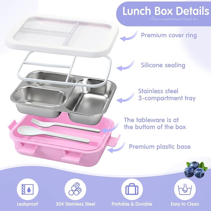 LemonRoad 2 Pcs 304 Stainless Steel Bento Box with Spoon Fork, 24 oz, Pastel