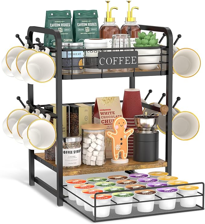 EsLuker.ly Coffee Bar Organizer Station Shelf Mug Holder, with 12 Hooks | 3 Tier Coffee Cup Stand Rack for Countertop, K Cup Pod Organizer Drawer for Home Office, Keeps Essentials Tidy & Accessible