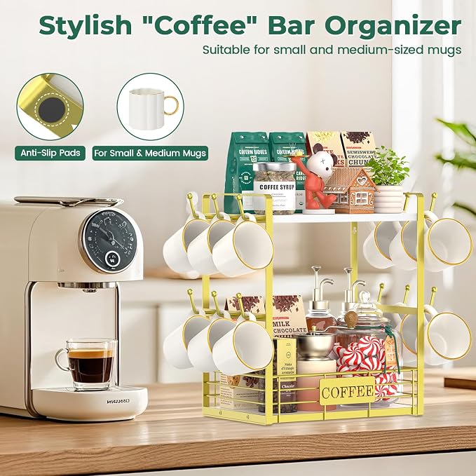 EsLuker.ly Coffee Mug Cup Holder Tree Bar Station Organizer, 2 Tier Gold | Mug Stand Rack for Countertop Kitchen, Storage Tower Display Shelf with 12 Hooks, Coffee Nook Enhancer