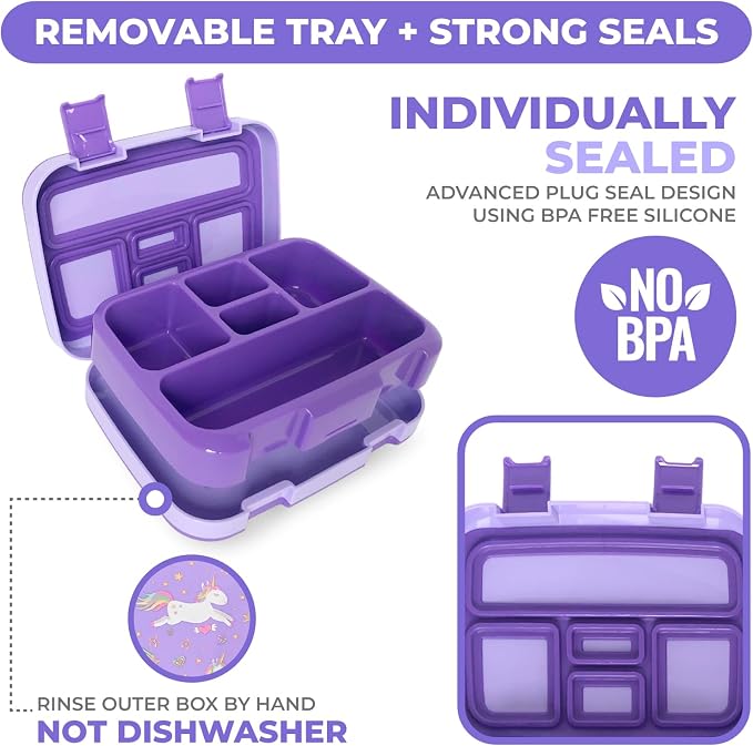 kinsho Bento Lunch Box Container for Kids, Girls Age 3 to 5, Purple Unicorn | 5 Portion Sections, BPA-Free Spill-Proof Leakproof Removable Plastic Tray, Snacks and Lunches for Toddlers Pre-School Daycare