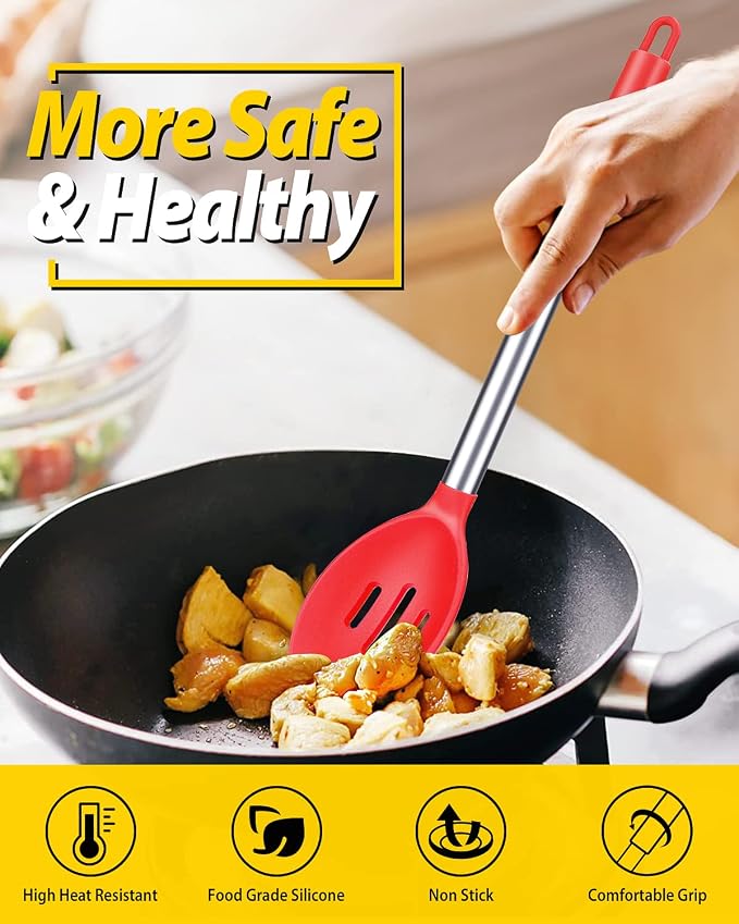 BUNDLEPRO Silicone Cooking Spoons for Non Stick Cookware, 2 Pack, RED | Heat Resistant, Large Kitchen Spoons for Mixing, Serving, Draining, Stirring