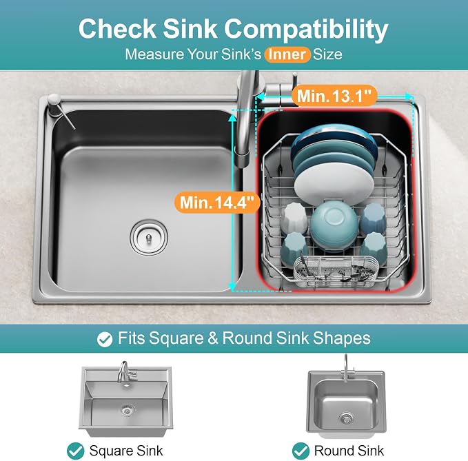 Small in Sink Dish Drying Rack - Stainless Steel for RV Kitchen | Compact Design, Rust-Resistant, Angled Corners Fit Square & Round Sinks, Removable Utensil Holder, Cup Hooks, 13.1"W x 14.4"L