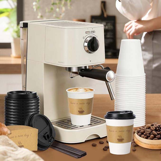 BYSNOW 100 pack 10 oz Disposable Coffee Cups with Lids White To Go Cups | To Go Coffee Cups with Lids, Sleeves and Stirring Sticks, for Home, Office, Cafes and Party (White 10oz)