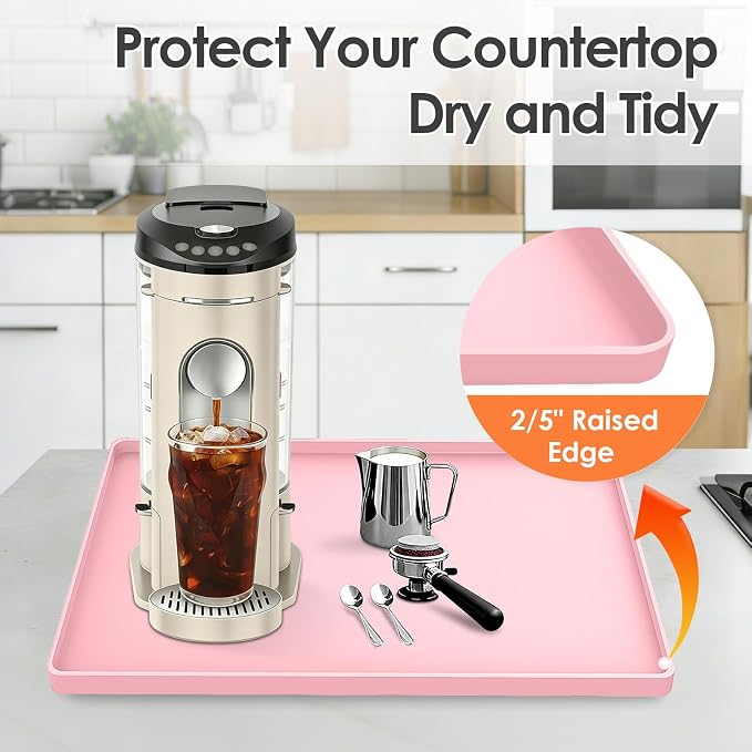 Silicone Coffee Maker Mat with Lip for Countertops, 15.7'' x 11.8'', Pink | Multi leak-proof coffee tray for countertop, non-slip silicone mat fits most coffee makers & espresso machines, wipe-clean