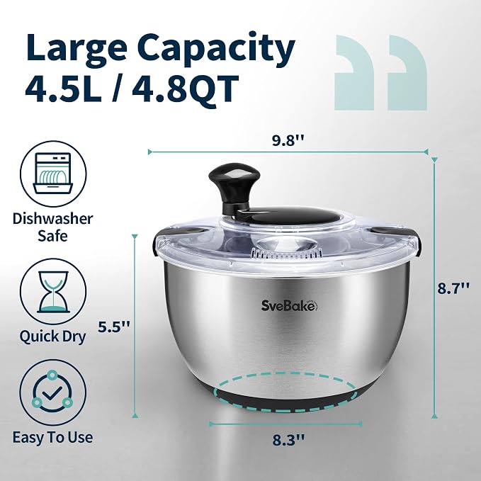 Stainless Steel Salad Spinner, 4.8 Qt Vegetable Washer, BPA-Free Lettuce Dryer with Crank Design, Easy Clean, Non-Slip Base - Transparent Lid