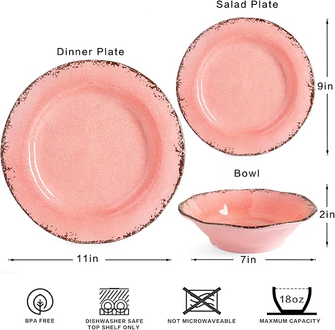 LEHAHA Melamine Dinnerware Sets, Farmhouse Dinnerware Set, Camping Dishes Set, BPA free and Lightweight, Durable Outdoor Plates and Bowls Set, Service for 4 (12 piece), (Pink)