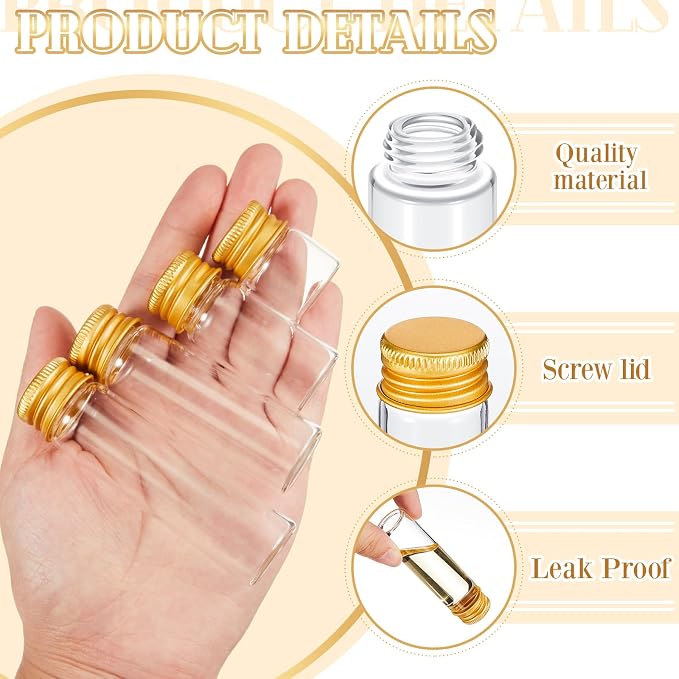Didaey 100 Pcs Small Clear Vials Spice Mini Jars with Lids Mini Glass Bottles with Screw Aluminum Metal Caps Tiny Jars Sample Containers for Powder Cream Cosmetic Jewelry Wedding (4 Size,Gold Caps)