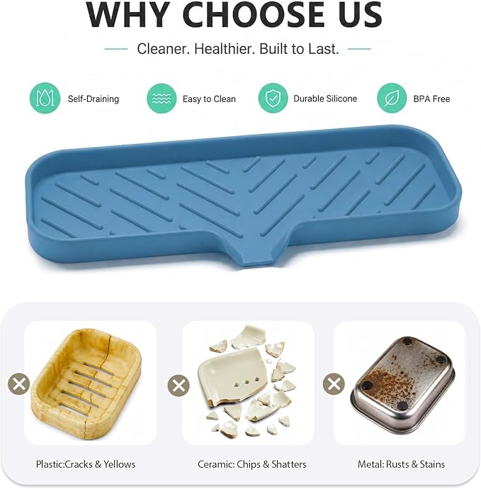 MicoYang Silicone Soap Dish with Drain Spout — Self-Draining Double Sink Organizer Tray for Kitchen & Bath, Dispensers, Sponges & Soap Holder, Non-Slip & Dishwasher Safe, Lichen Blue (Large, 12"×4")
