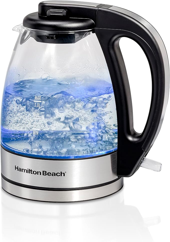 Hamilton Beach 1 Liter Electric Tea Kettle, Water Boiler & Heater | Fast Boiling 1500 Watts | BPA Free | Cordless Serving | Auto-Shutoff & Boil-Dry Protection | Blue LED | Clear Glass