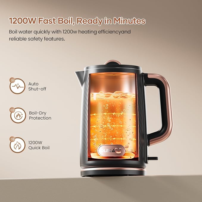 OLEGA Electric Kettle: 1200W Fast Boil Tea Kettles with Tea Infuser 1.5L | Stainless Steel Kettle; Electric Water Kettle with Strainer; Plastic Free Teapot; Auto Shut-Off Water Boiler