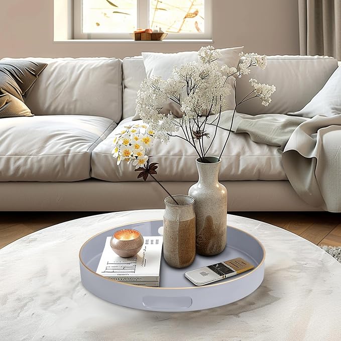 13" Gray Decorative Tray, Plastic Round Serving Tray with Handles | Grey Decorative Tray for Coffee Table, Modern Ottoman Tray, Circle Tea Tray, Round Melamine Tray for Living Room, Bathroom
