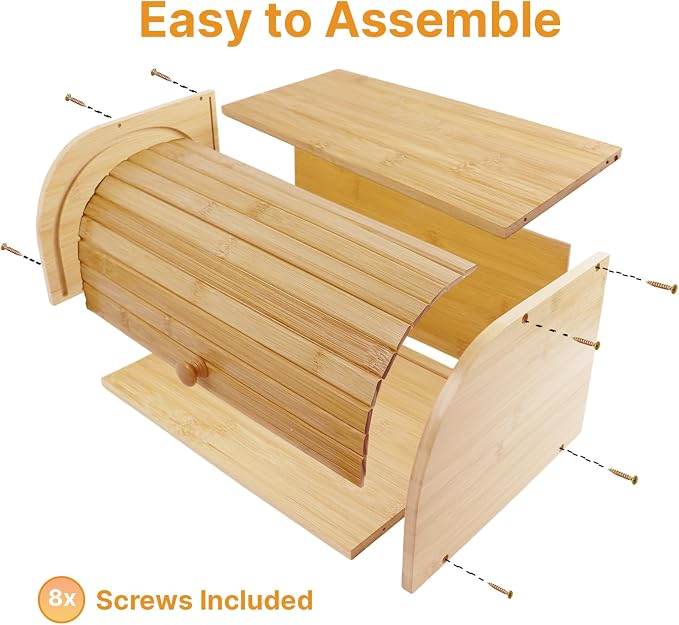 Natural Bamboo Roll Top Bread Box for Kitchen Countertop | Food Storage Container with Assembly Required with rolling lid, vintage food keeper for muffins, bagels, cookies