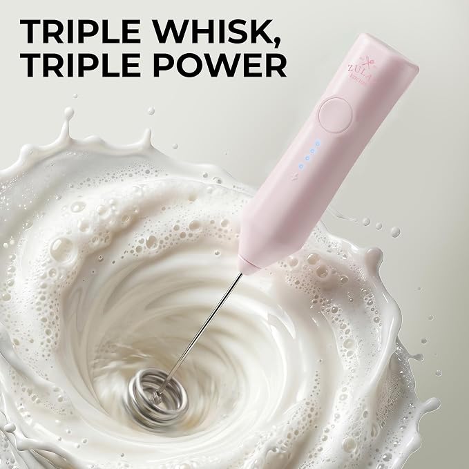 Zulay Kitchen Rechargeable Milk Frother Handheld - Frother Wand, Drink Mixer, Electric Whisk Frother, for Cappuccinos, Matcha & Protein Powder - Dynamic Triple Whisk, 3 Speed 500mAh Cotton Candy Pink
