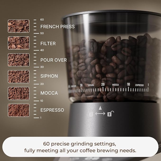 Conical Burr Coffee Grinder with 60 Settings and Touch Screen | 1-60s Timer & 1-8 Cup Dosing, Anti-Static, Removable Ring & Cone Burrs for Easy Cleaning, Low Noise for Home Use, Black