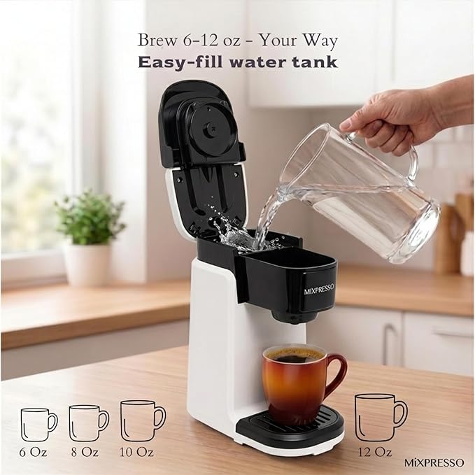 Mixpresso Single Serve Coffee Maker K Cup Coffee Maker for K Pods & Grounds | Compact 800W White Coffee Machine with 12 Oz Water Tank, Fast Brew & Auto Shut-Off, Small Design for Travel RV, Office& Dorm