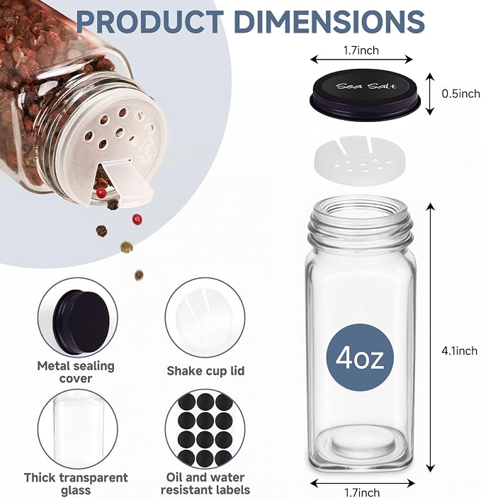 DIDITIME Spice Rack Organizer with 24 Glass Jars and 60 Labels, 4-Tier Seasoning Organizer for Cabinet, Countertop, Pantry or Wall Mount, Rust-Resistant Carbon Steel Spice Jar Set with Marker