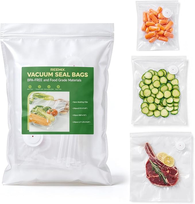 Reemix 60 Pcs Vacuum Sealer Bags (8"x10", 10"x13.8", 11.8"x13.8") | with Upgraded Silicone Air Valve, BPA-Free Food Grade, Sous Vide Safe, Air Valve Zipper Bags