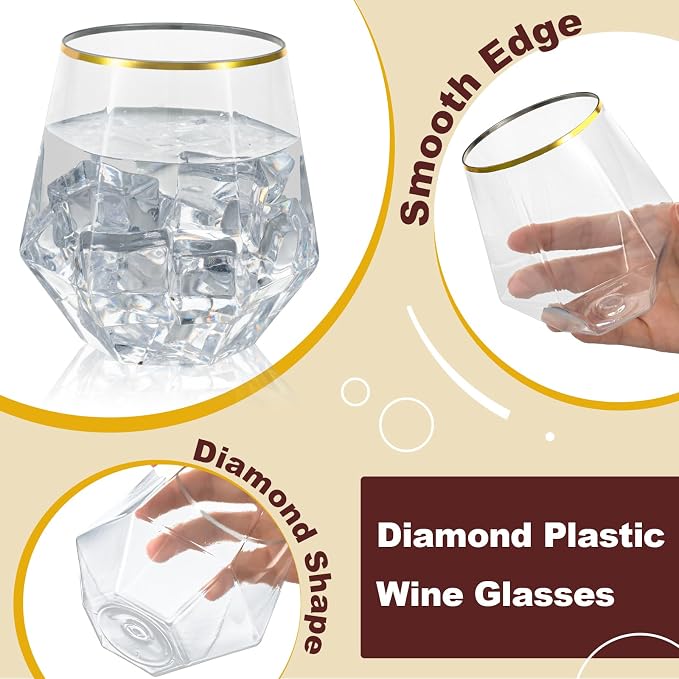 Goodluck 40PCS 12oz Diamond Stemless Plastic Wine Whiskey Glasses,Gold Rim | Disposable Cocktail Glasses, Suitable for Weddings, Birthday Parties, Family Gatherings, Bars, etc