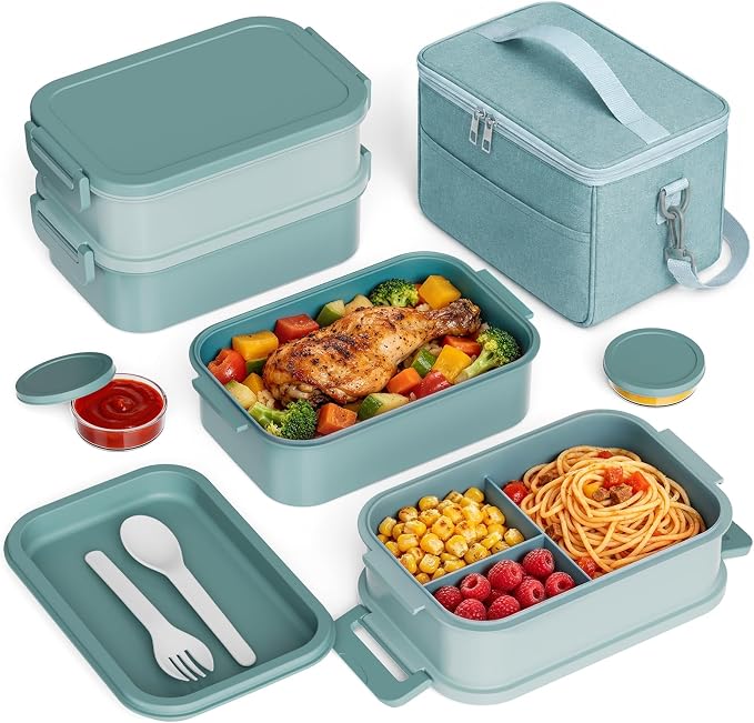 Bento Box Adult Lunch Box - 2130ml Lunchbox for Men Women with Insulated Lunch Bag, Utensils & Sauce Container, Leak Proof Bento Box Reusable Plastic Lunch Containers for Work, Meal Prep, Green