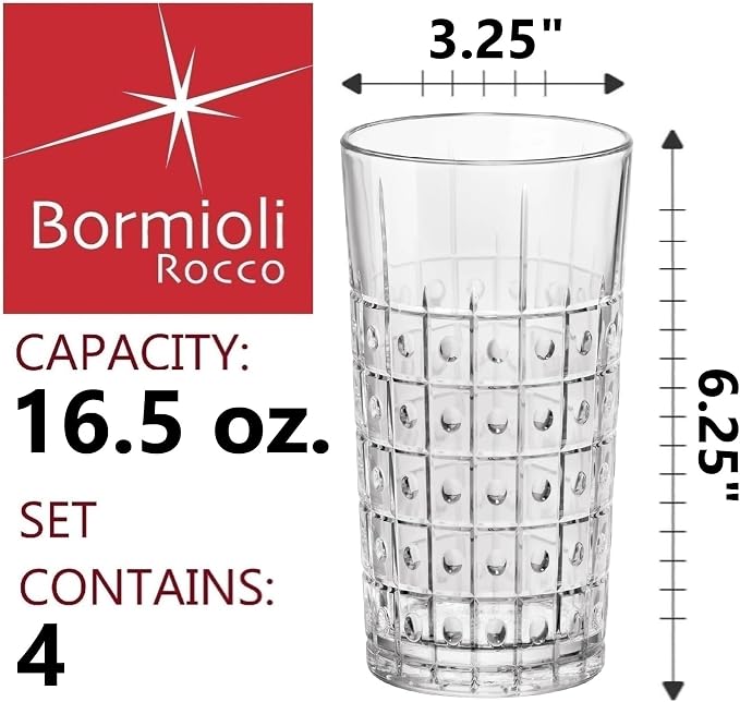 Bormioli Rocco Bartender Este 16.5 oz. Cooler Drinking Glasses for Cold Drinks, Juices, and Cocktails, Clear, Set of 4