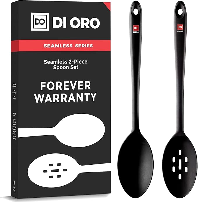DI ORO Silicone Cooking Spoons - Solid & Slotted Set, 2-Pc Black | Large heads for mixing, serving, and stirring; Heat-resistant to 600F for nonstick cookware; BPA-free and dishwasher safe