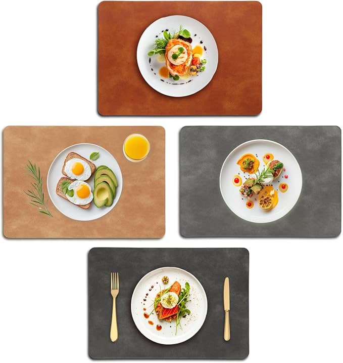 UnivoColors Placemats,Heat Resistant Placemats Set of 4 Washable 12 x 17 Inch,Waterproof Table Mats,Wipeable Pu Place Mats for Kitchen,Dining Room.(Dark Gray+Grey+Camel+Reddish Brown)