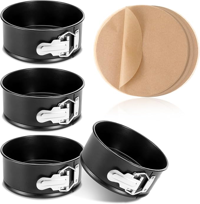 4 Pcs 6 Inch Black Springform Pan with 100 Baking Paper, Removable Bottom Carbon Steel Mini Cheesecake Pans Round Springform Cake Pan with Stainless Steel Spring Buckles for Baking Kitchens Restaurant